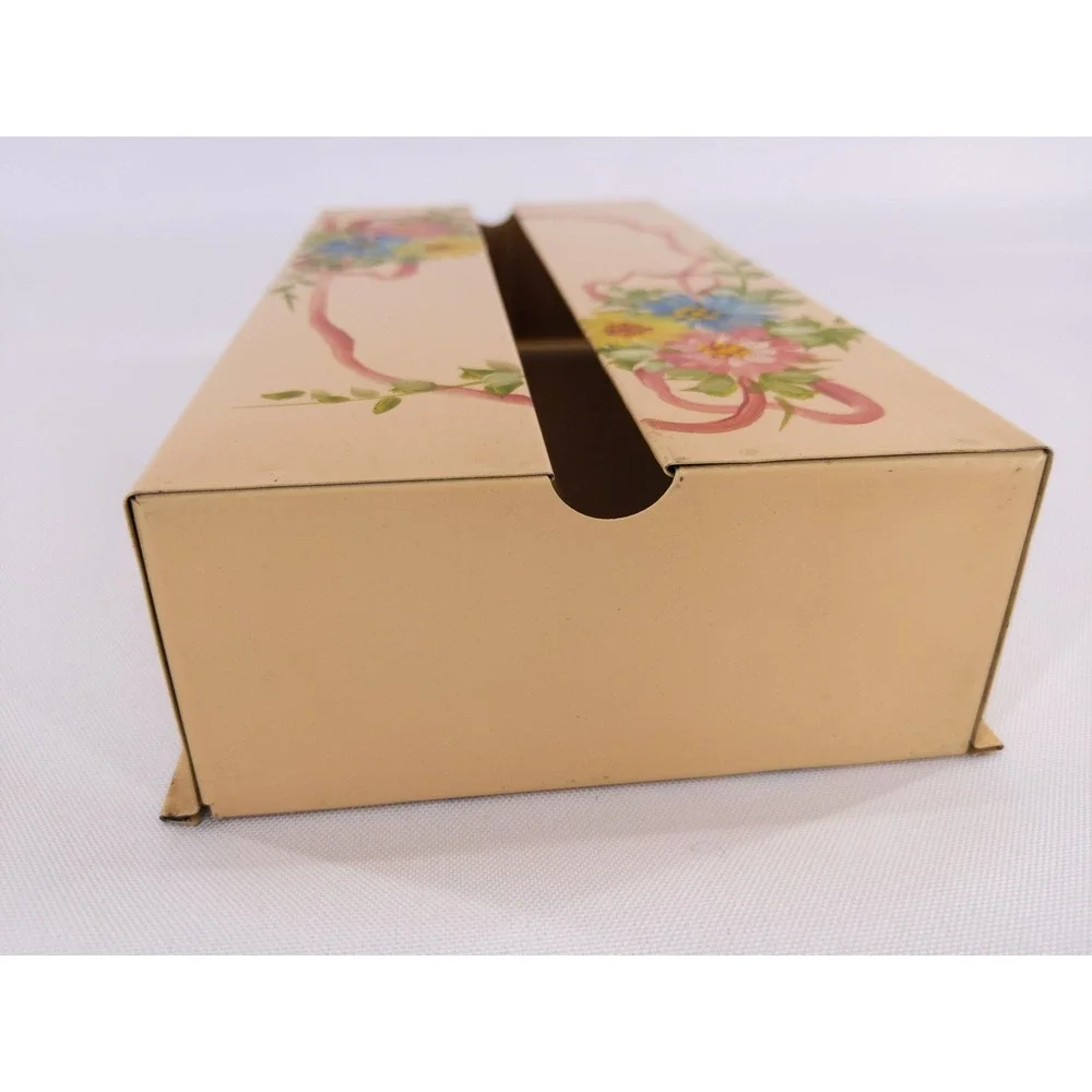 Vintage Metal Tissue Box Cover Beige Hand Painted Floral‎ Ribbon Toleware Style